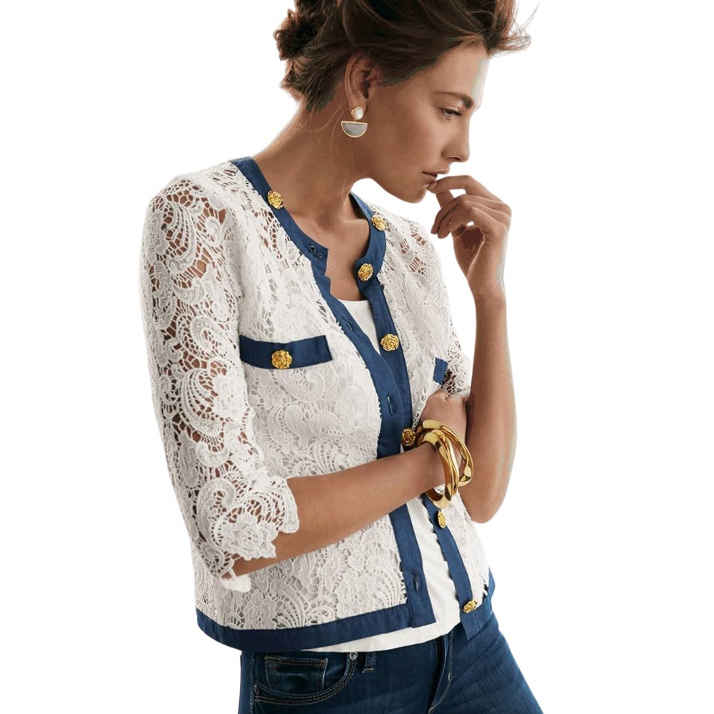 Vintage Michael Simon Cardigan Crocheted Lace Denim Trim Rose Buttons Size S 90s